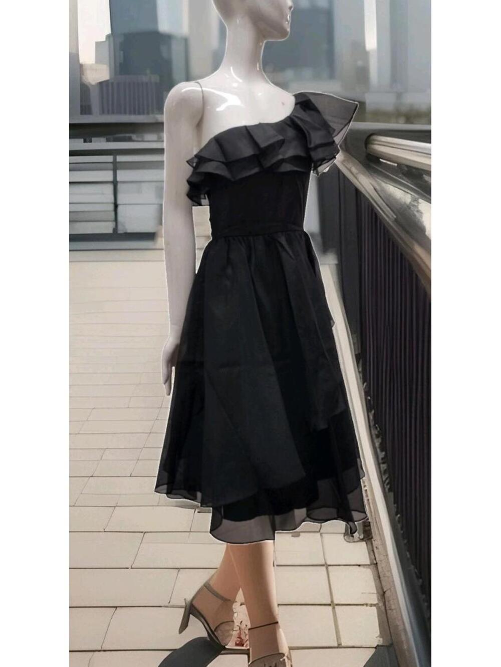 Vintage Off The Shoulder Black Sheer Disco Dress Belted Early 1980s SAMIR Size S - Picture 8 of 16